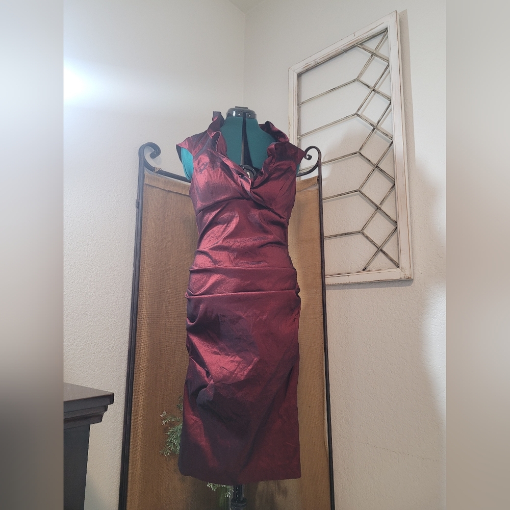 DJ-JAZ Red & Black Iredesent Satin Halter Neck Ruched Bodycon Cocktail Dress 16